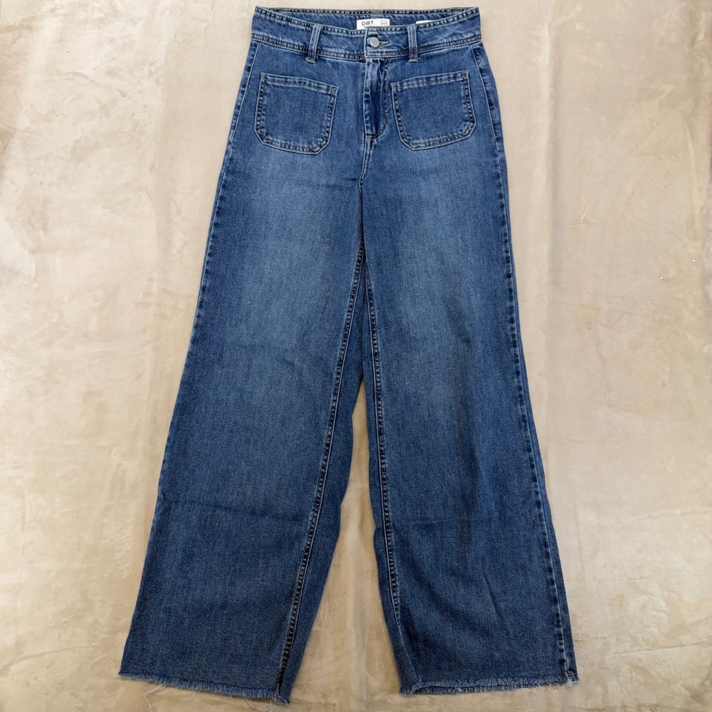 OAT New York Wide Leg Jeans Womens 4/27 Blue Cloud Luxe Patch Pocket Raw Hem